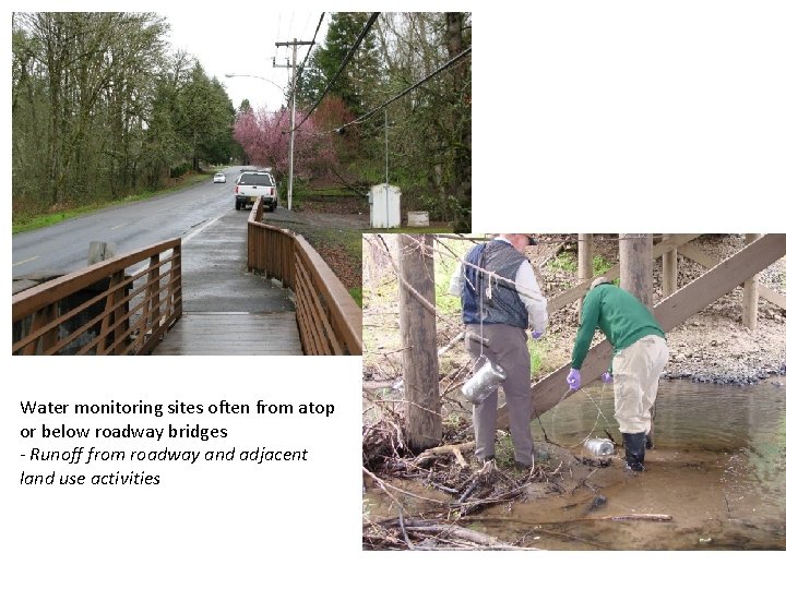 Water monitoring sites often from atop or below roadway bridges - Runoff from roadway