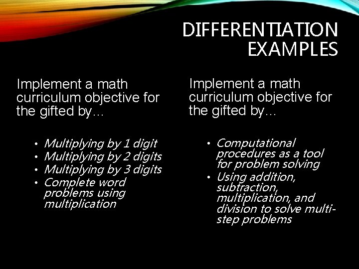 DIFFERENTIATION EXAMPLES Implement a math curriculum objective for the gifted by… Multiplying by 1