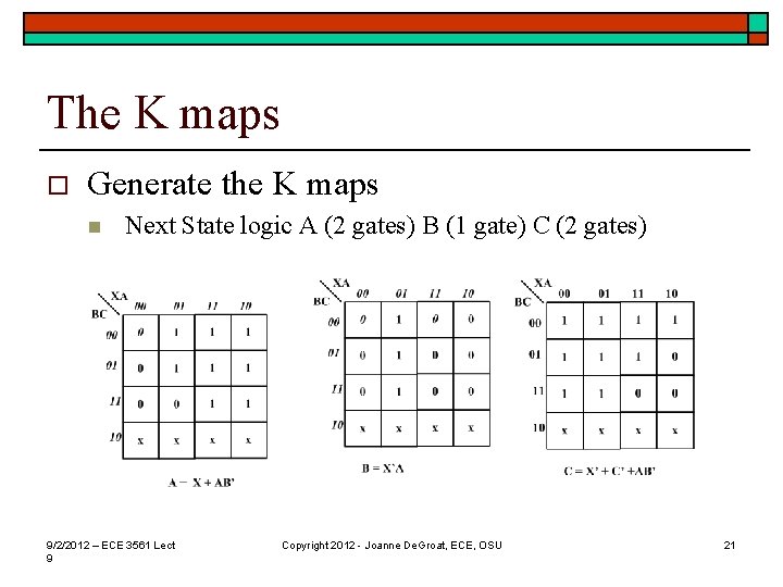 The K maps o Generate the K maps n Next State logic A (2