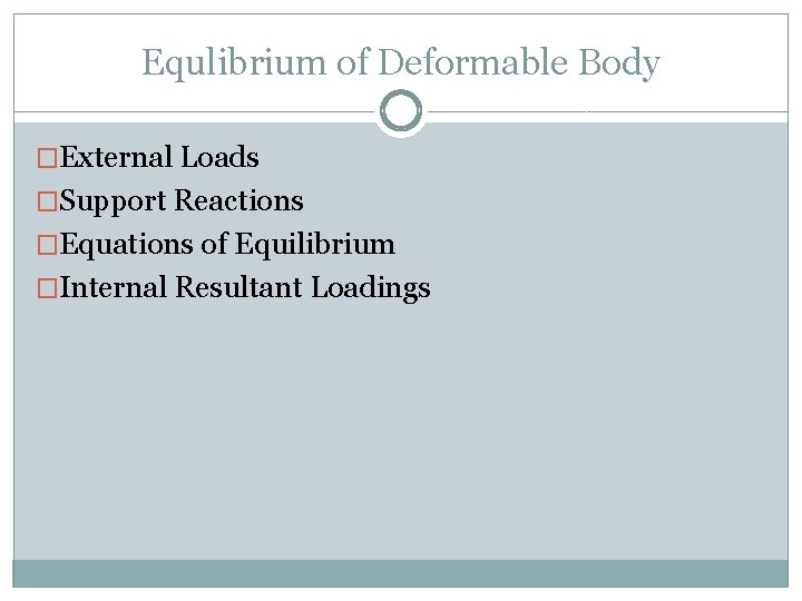 Equlibrium of Deformable Body �External Loads �Support Reactions �Equations of Equilibrium �Internal Resultant Loadings Equlibrium of Deformable Body �External Loads �Support Reactions �Equations of Equilibrium �Internal Resultant Loadings