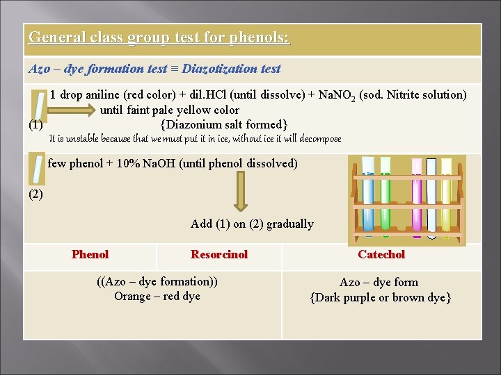 General class group test for phenols: Azo – dye formation test ≡ Diazotization test