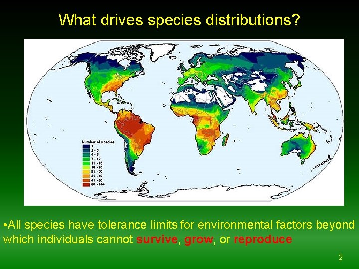 What drives species distributions? • All species have tolerance limits for environmental factors beyond