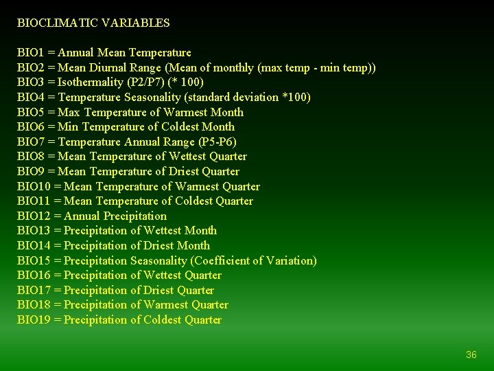 BIOCLIMATIC VARIABLES BIO 1 = Annual Mean Temperature BIO 2 = Mean Diurnal Range