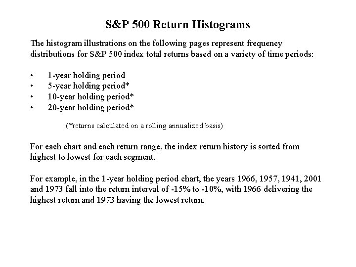 S&P 500 Return Histograms The histogram illustrations on the following pages represent frequency distributions