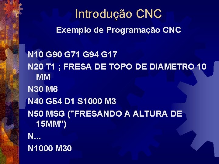 Introdução CNC Exemplo de Programação CNC N 10 G 90 G 71 G 94