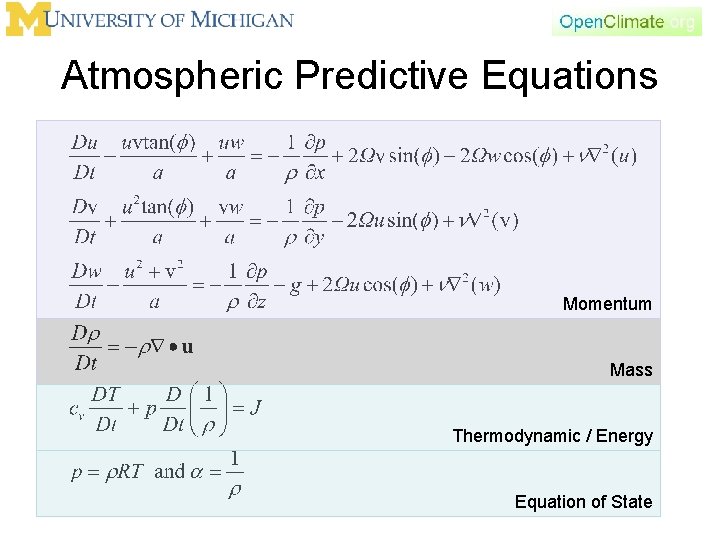 Atmospheric Predictive Equations Momentum Mass Thermodynamic / Energy Equation of State 