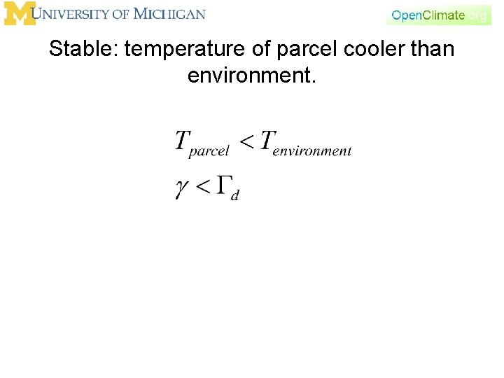 Stable: temperature of parcel cooler than environment. 