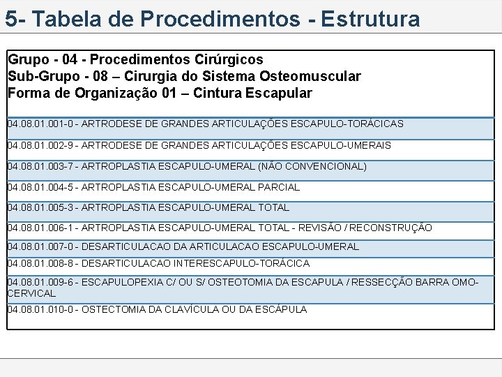 5 - Tabela de Procedimentos - Estrutura Grupo - 04 - Procedimentos Cirúrgicos Sub-Grupo