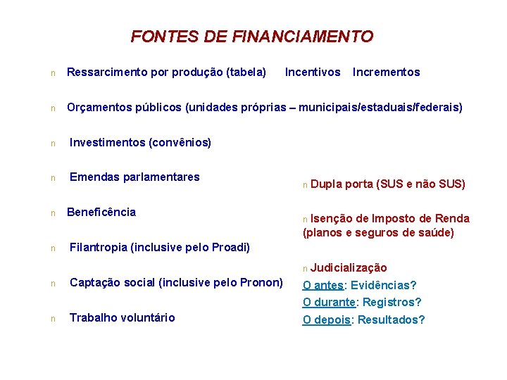 FONTES DE FINANCIAMENTO n Ressarcimento por produção (tabela) n Orçamentos públicos (unidades próprias –