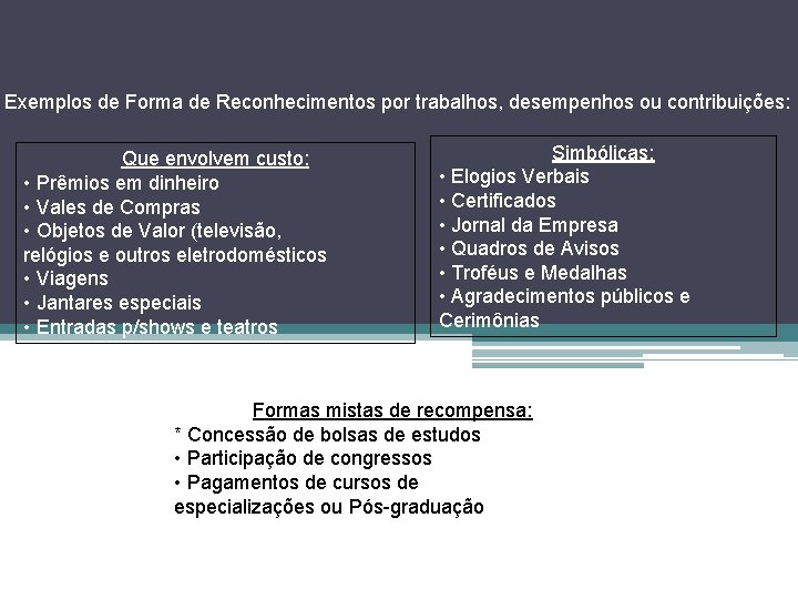 Exemplos de Forma de Reconhecimentos por trabalhos, desempenhos ou contribuições: Que envolvem custo: •