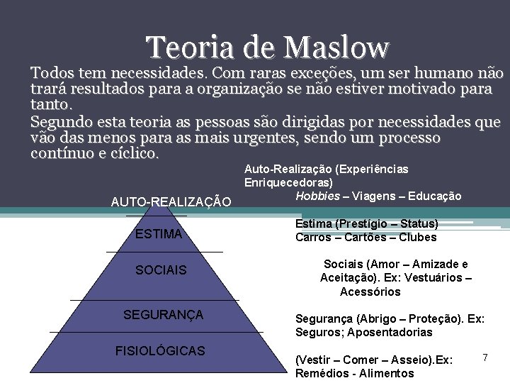 Teoria de Maslow Todos tem necessidades. Com raras exceções, um ser humano não trará