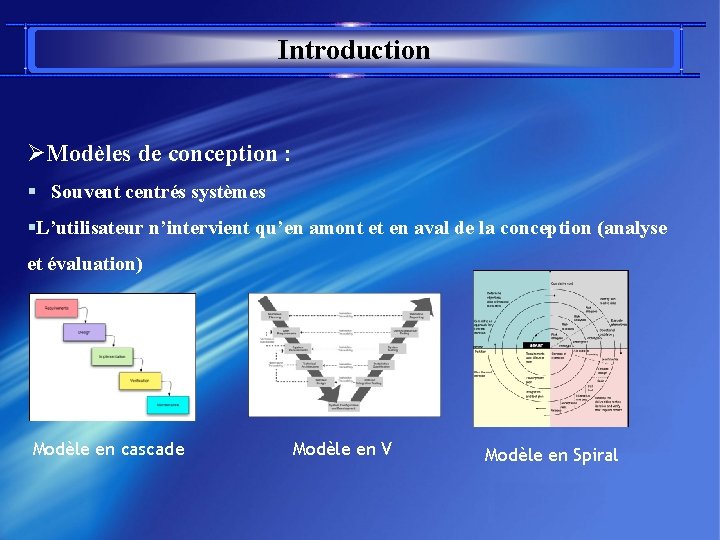 Introduction ØModèles de conception : § Souvent centrés systèmes §L’utilisateur n’intervient qu’en amont et