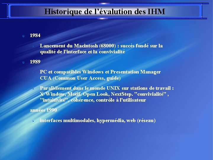 Historique de l’évalution des IHM q 1984 Ø q 1989 Ø Ø § Lancement