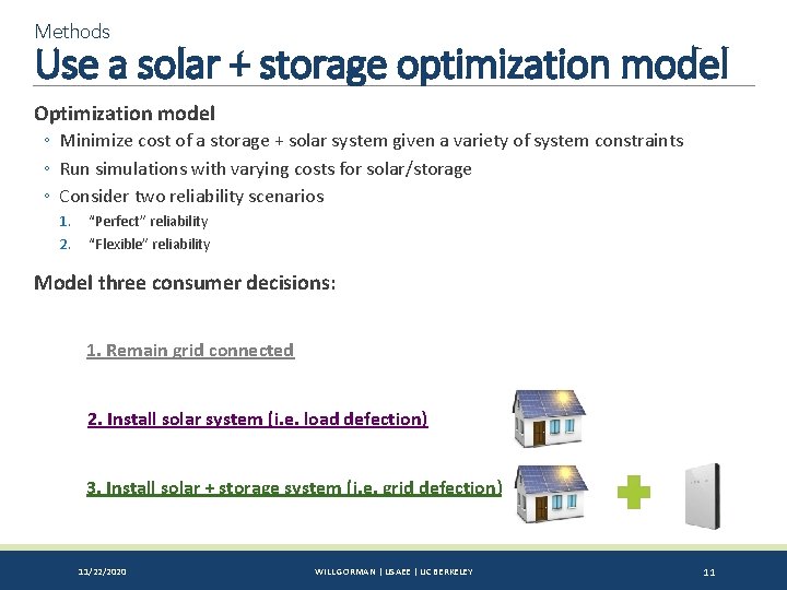 Methods Use a solar + storage optimization model Optimization model ◦ Minimize cost of