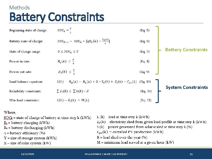 Methods Battery Constraints System Constraints 11/22/2020 WILL GORMAN | USAEE | UC BERKELEY 31