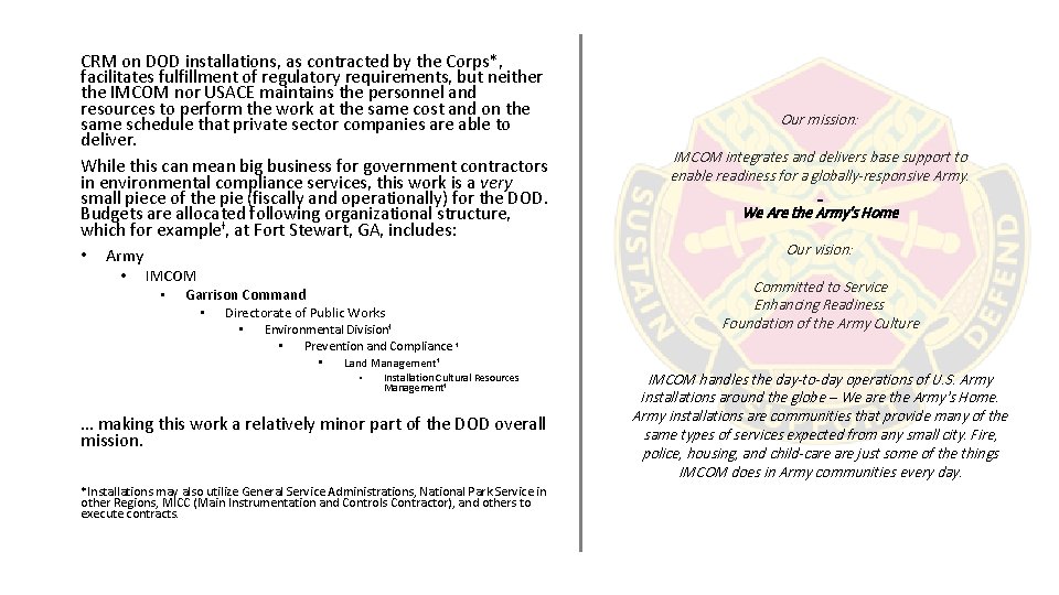 CRM on DOD installations, as contracted by the Corps*, facilitates fulfillment of regulatory requirements, CRM on DOD installations, as contracted by the Corps*, facilitates fulfillment of regulatory requirements,