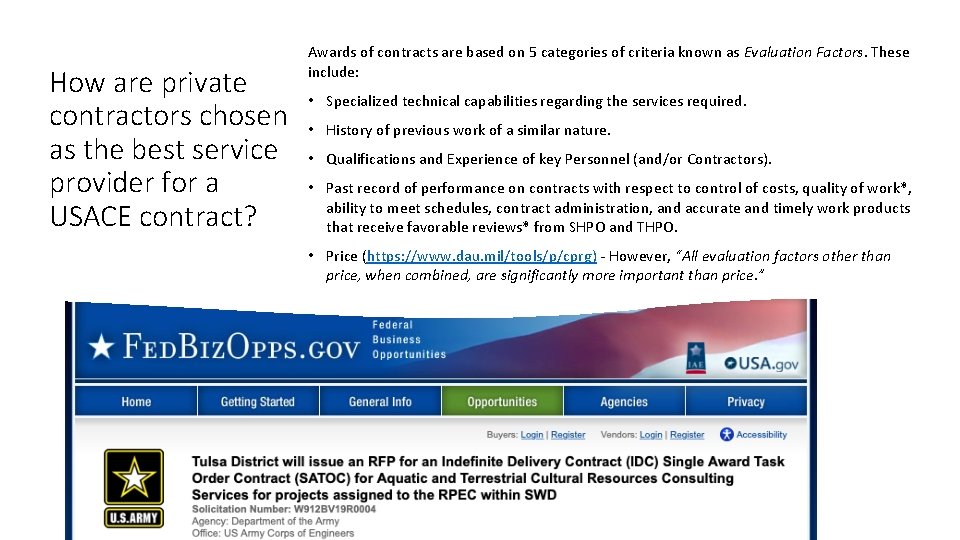 How are private contractors chosen as the best service provider for a USACE contract?