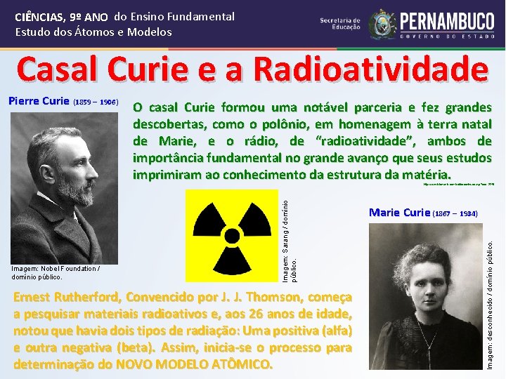CIÊNCIAS, 9º ANO do Ensino Fundamental Estudo dos Átomos e Modelos Casal Curie e