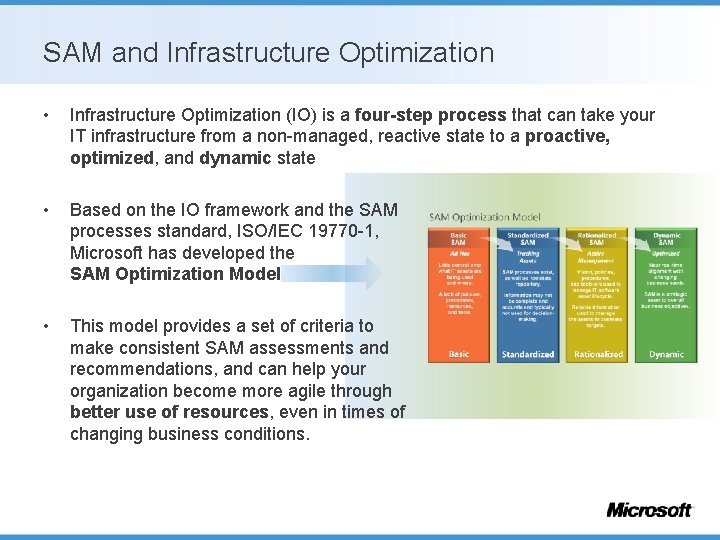 SAM and Infrastructure Optimization • Infrastructure Optimization (IO) is a four-step process that can