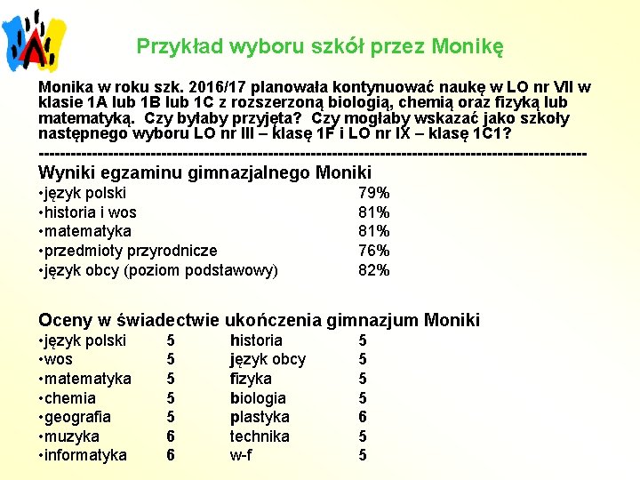 Przykład wyboru szkół przez Monikę Monika w roku szk. 2016/17 planowała kontynuować naukę w