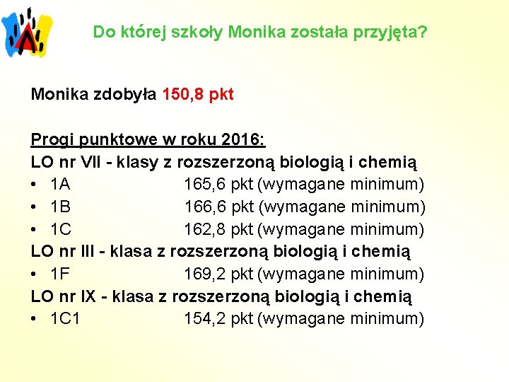 Do której szkoły Monika została przyjęta? Monika zdobyła 150, 8 pkt Progi punktowe w