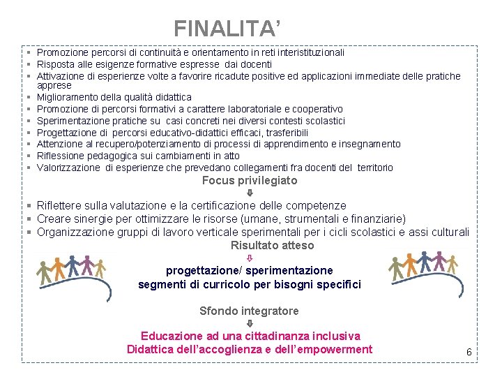 FINALITA’ § Promozione percorsi di continuità e orientamento in reti interistituzionali § Risposta alle