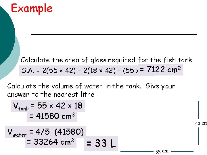 Example Calculate the area of glass required for the fish tank 7122 cm 2