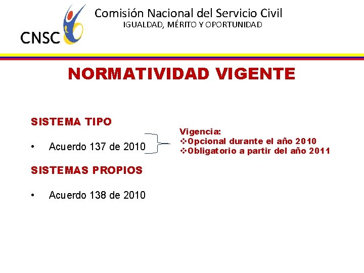 Comisión Nacional del Servicio Civil IGUALDAD, MÉRITO Y OPORTUNIDAD NORMATIVIDAD VIGENTE SISTEMA TIPO •