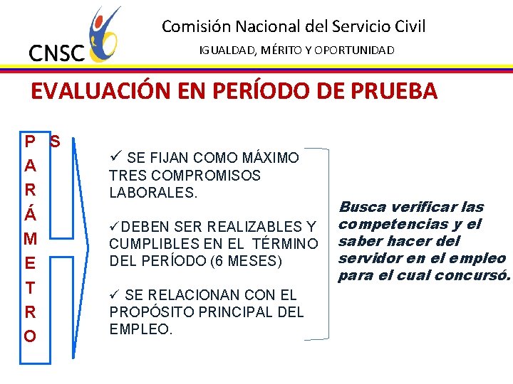 Comisión Nacional del Servicio Civil IGUALDAD, MÉRITO Y OPORTUNIDAD EVALUACIÓN EN PERÍODO DE PRUEBA