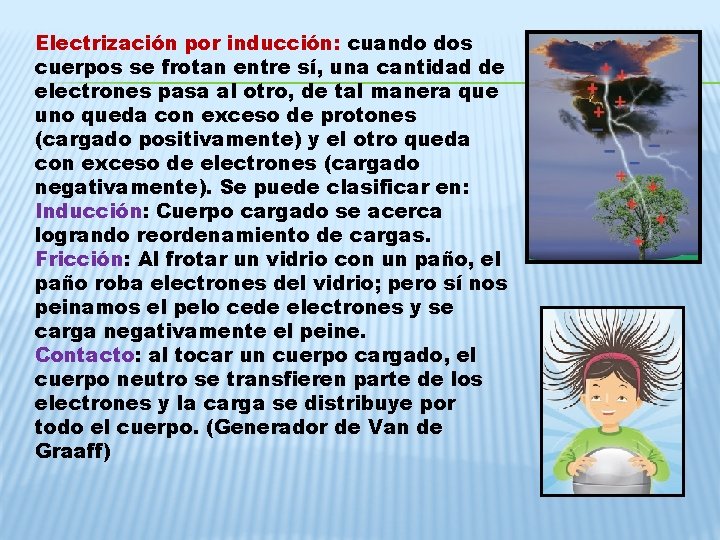 Electrización por inducción: cuando dos cuerpos se frotan entre sí, una cantidad de electrones