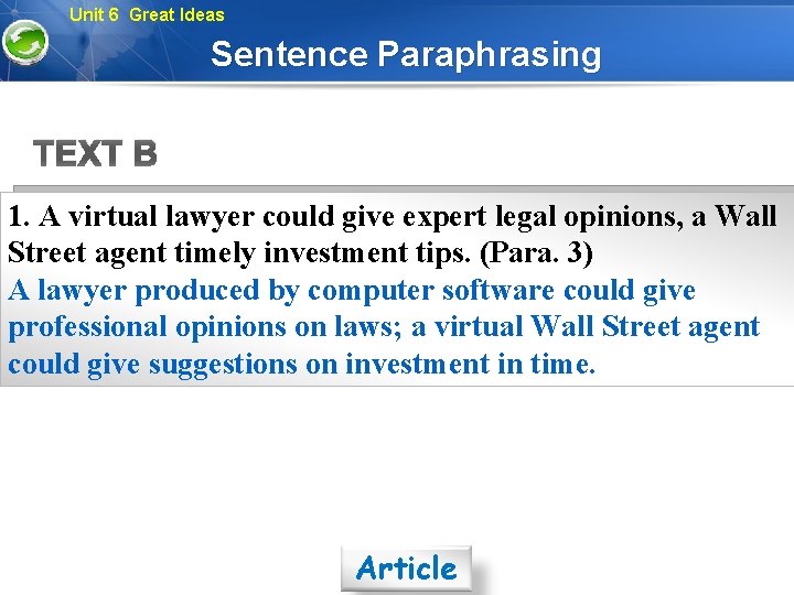 Unit 6 Great Ideas Sentence Paraphrasing TEXT B 1. A virtual lawyer could give