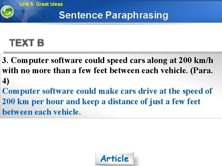Unit 6 Great Ideas Sentence Paraphrasing TEXT B 3. Computer software could speed cars