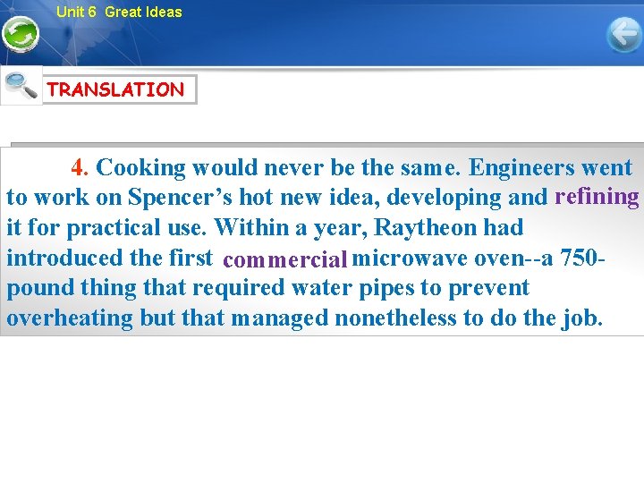 Unit 6 Great Ideas TRANSLATION 4. Cooking would never be the same. Engineers went