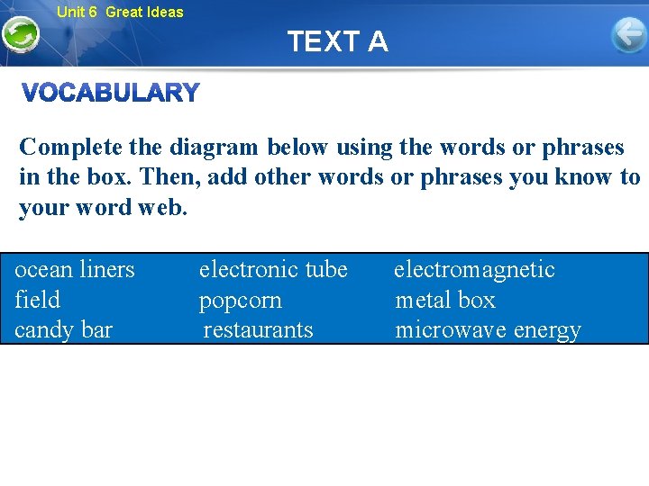 Unit 6 Great Ideas TEXT A Complete the diagram below using the words or
