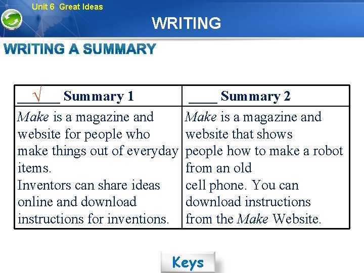 Unit 6 Great Ideas WRITING ______ Summary 1 √ Make is a magazine and