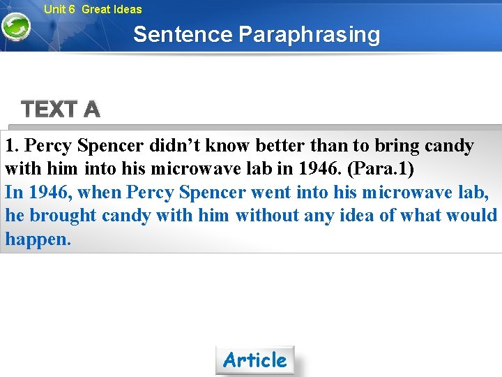 Unit 6 Great Ideas Sentence Paraphrasing TEXT A 1. Percy Spencer didn’t know better
