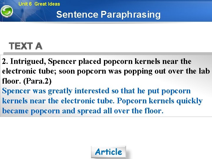 Unit 6 Great Ideas Sentence Paraphrasing TEXT A 2. Intrigued, Spencer placed popcorn kernels