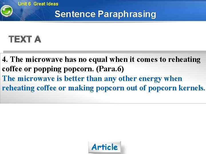 Unit 6 Great Ideas Sentence Paraphrasing TEXT A 4. The microwave has no equal