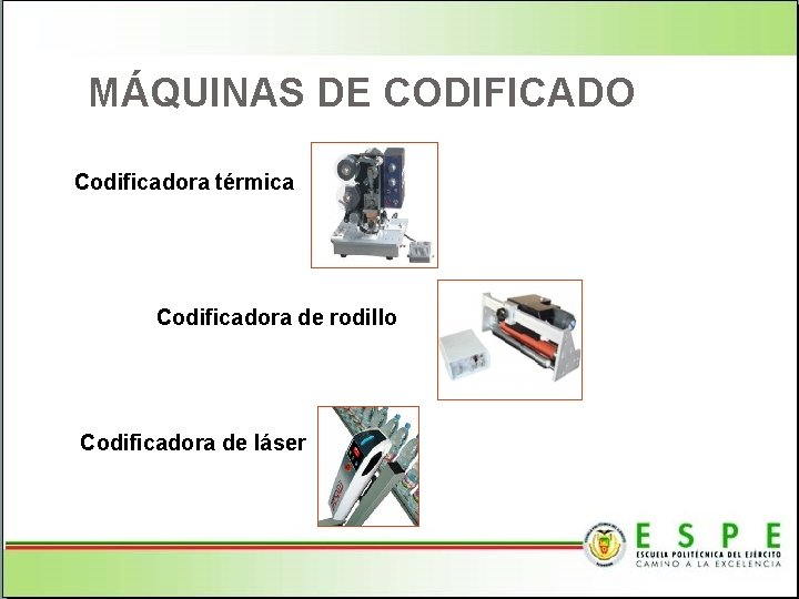  MÁQUINAS DE CODIFICADO Codificadora térmica Codificadora de rodillo Codificadora de láser 