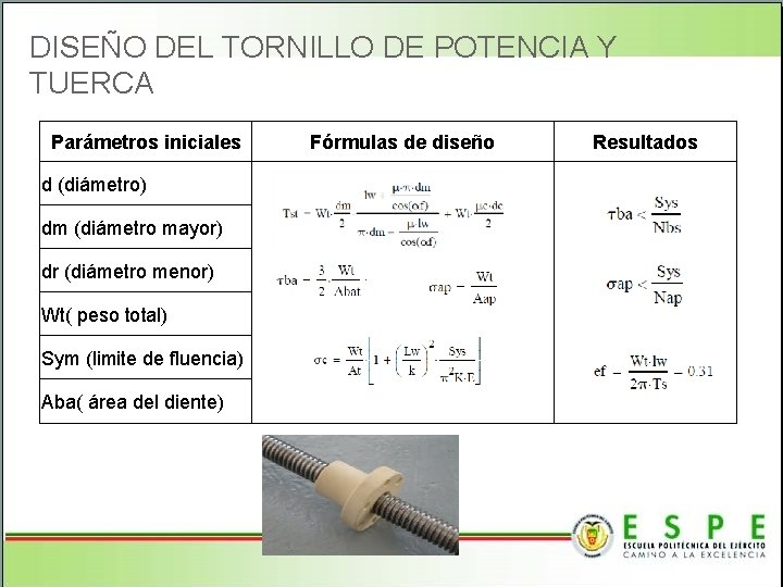 DISEÑO DEL TORNILLO DE POTENCIA Y TUERCA Parámetros iniciales Fórmulas de diseño Resultados d