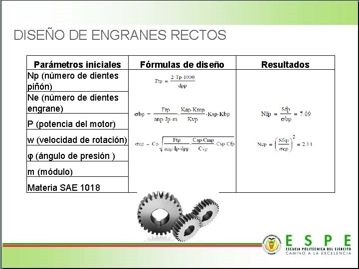 DISEÑO DE ENGRANES RECTOS Parámetros iniciales Np (número de dientes piñón) Ne (número de