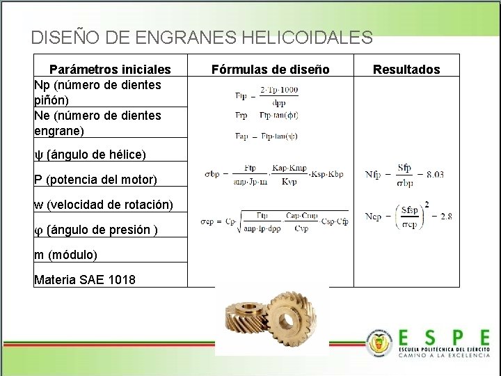 DISEÑO DE ENGRANES HELICOIDALES Parámetros iniciales Np (número de dientes piñón) Ne (número de