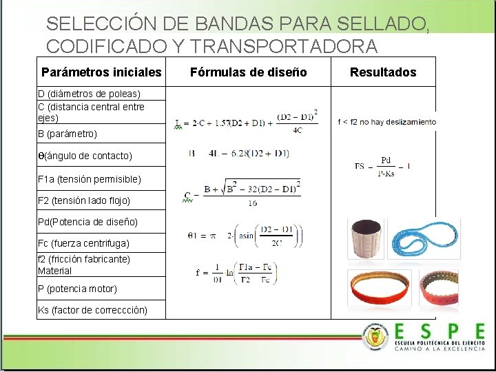 SELECCIÓN DE BANDAS PARA SELLADO, CODIFICADO Y TRANSPORTADORA Parámetros iniciales Fórmulas de diseño D