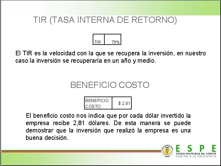 TIR (TASA INTERNA DE RETORNO) TIR 79% El TIR es la velocidad con la