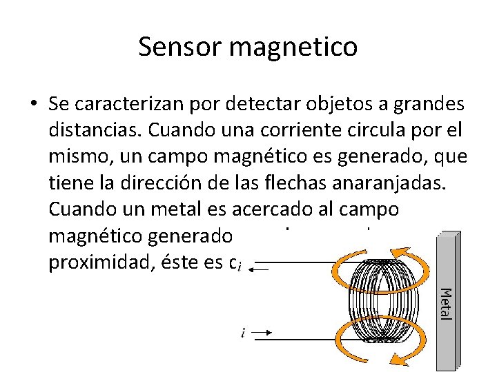 Sensor magnetico • Se caracterizan por detectar objetos a grandes distancias. Cuando una corriente Sensor magnetico • Se caracterizan por detectar objetos a grandes distancias. Cuando una corriente
