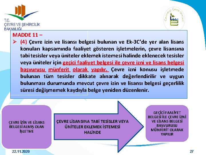 MADDE 11 – Ø (4) Çevre izin ve lisansı belgesi bulunan ve Ek-3 C’de