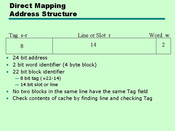 Direct Mapping Address Structure Tag s-r 8 Line or Slot r Word w 14