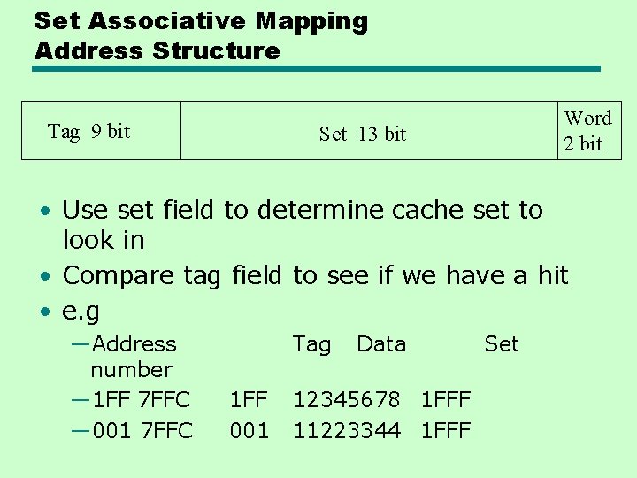 Set Associative Mapping Address Structure Tag 9 bit Word 2 bit Set 13 bit