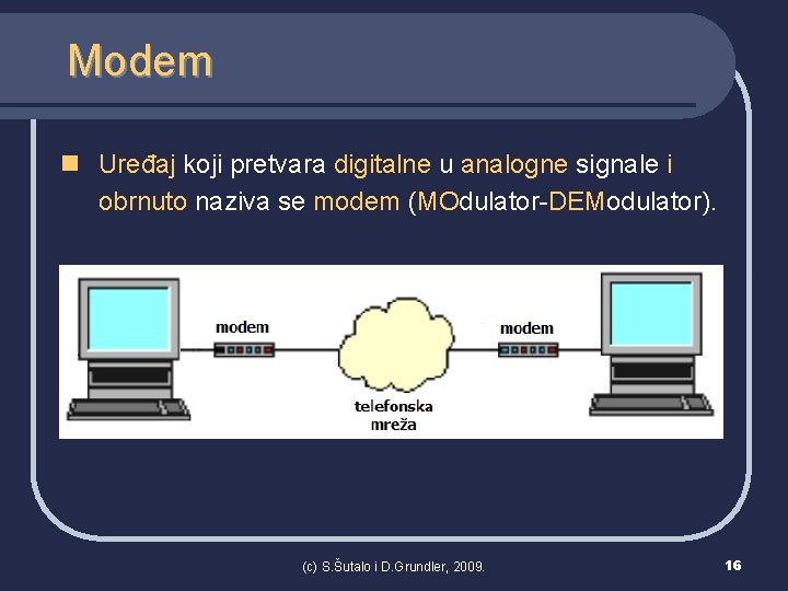 Modem n Uređaj koji pretvara digitalne u analogne signale i obrnuto naziva se modem