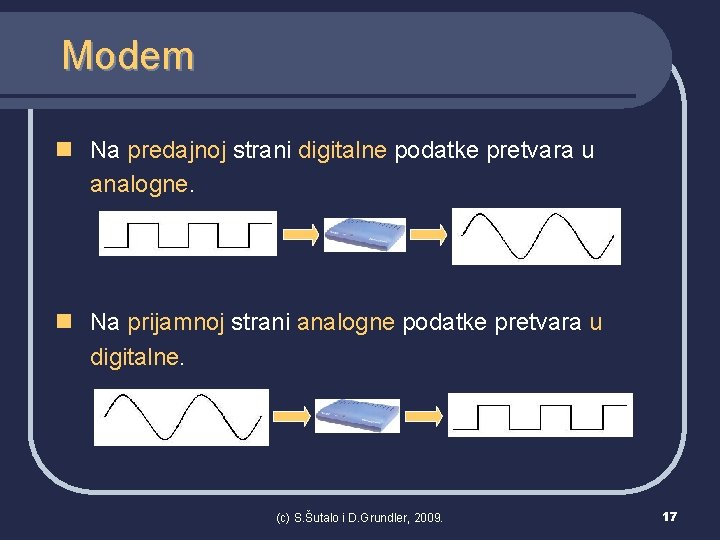 Modem n Na predajnoj strani digitalne podatke pretvara u analogne. n Na prijamnoj strani